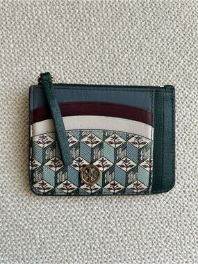 Tory Burch Robinson Card Case Slim Wallet Misty Blue Block Tulip Leather